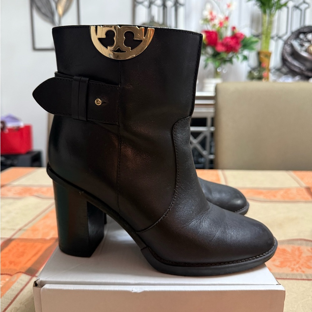 Tory Burch Black Leather Ankle Boots with Gold Accent